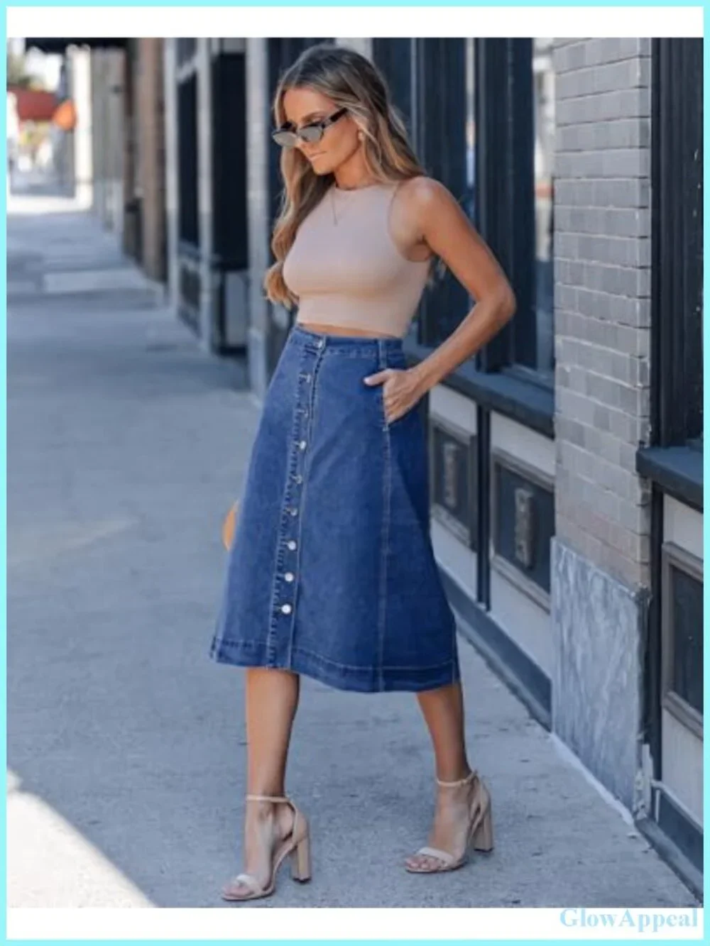Denim A-Line Midi Skirt High Waist Stretchy with Pockets Button Front